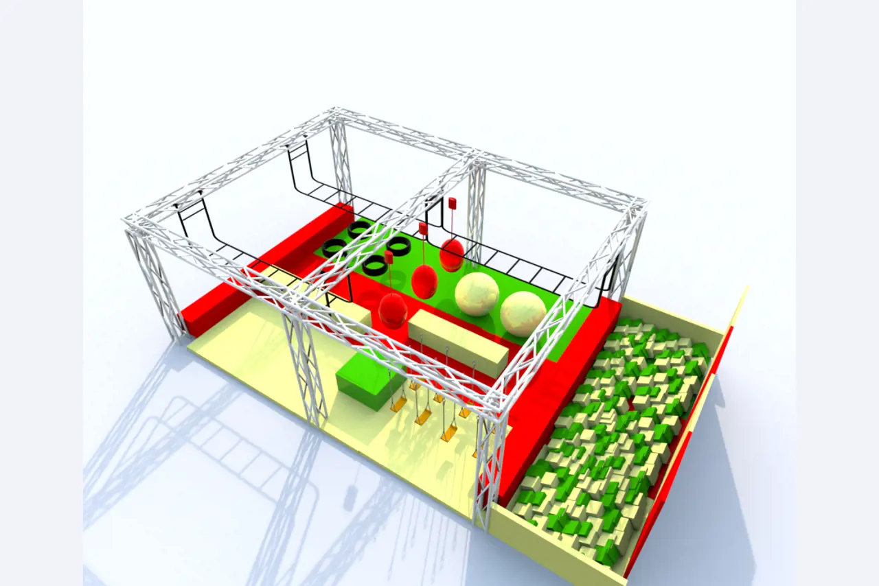 Construcción en bastidor de un parque infantil cubierto con accesorios, Monkey Grove, pista Ninja, "esponjas" de juegos blandos-6